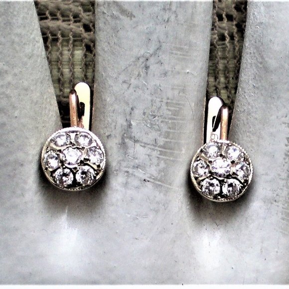 Vintage Soviet USSR Solid 14K 583 Rose Pink White Gold Diamond Cluster EARRINGS